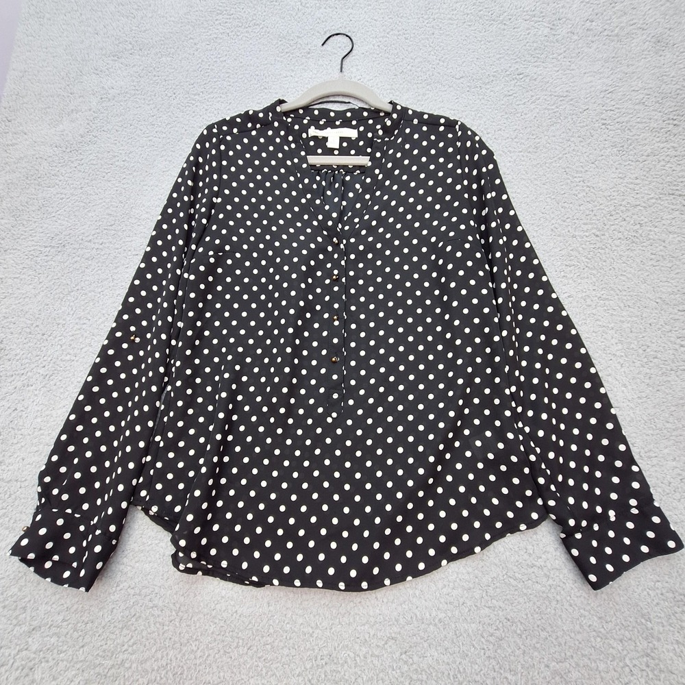 Lauren Conrad Shirt Womens Small Black‎ Polka Dot Button Front Blouse Chic